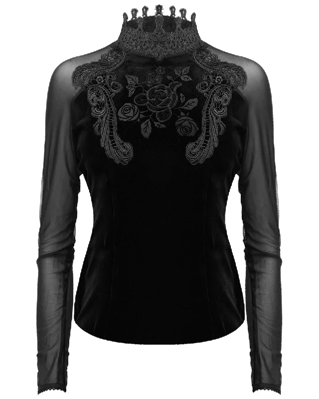 Eva Lady Gothic Embossed Rose Velvet & Mesh Blouse Top Satin Long Blouse