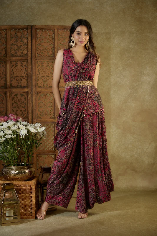 Pink Printed Top, Pleated Dhoti Pants, Pre Pleated Drape And Belt Set Comfortable Pleated Pants