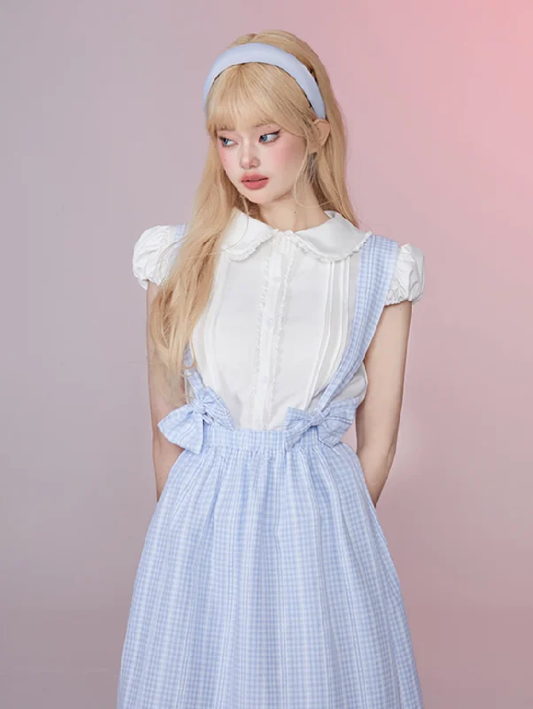 Short Balloon Sleeve Lace Blouse & Back Cross Bow Suspender Stripe Skirt GIF0024 Classic White Blouse