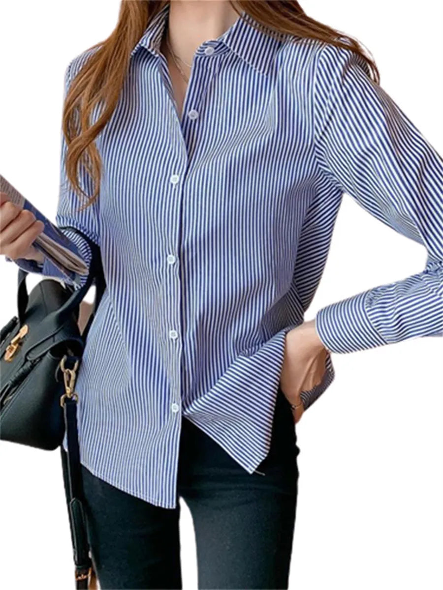 Women Spring Summer Blouses Shirts Lady Fashion Casual Long Sleeve Turn-down Blue Stripes Blusas Tops WY0304 Bell Sleeve Blouse