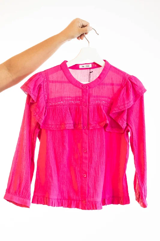 Hot Pink Ruffle Lace Long Sleeve Blouse Women's - DM Stretchy Fitted Blouse