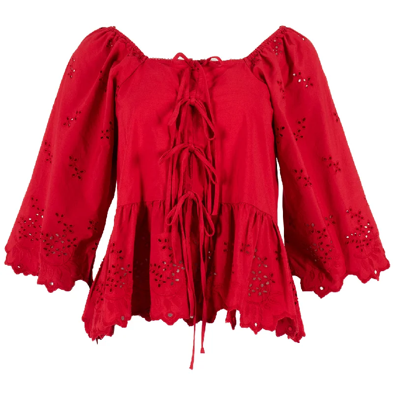 Damson Madder Lana Blouse Red Broderie - Feminine Ruffle Blouse