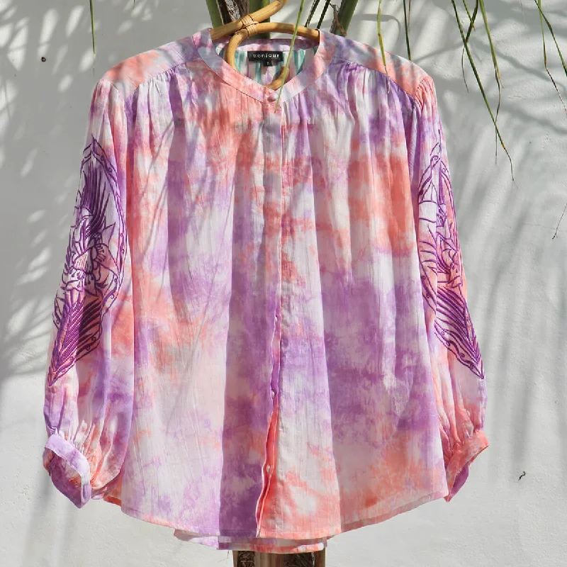 Women's Blouse in Tie Dye With Embroidery by Bonjour - Last One In Stock - Small (UK 10) Double Button Blouse