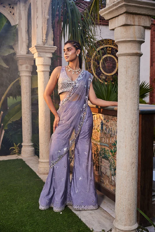 Lilac Mirror Embroidered Sharara Pant Sari Set Soft Stretch Trousers