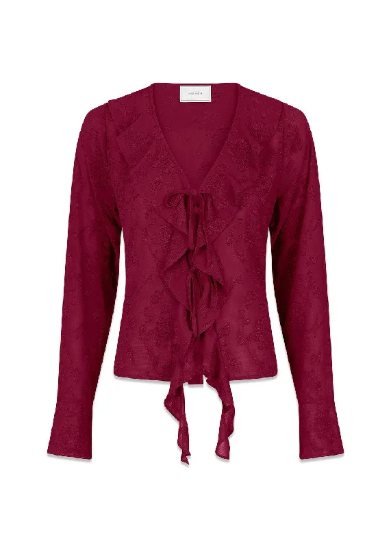 Anika Burnout Blouse - Burgundy Feminine Satin Blouse