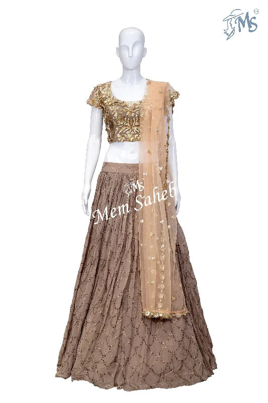 Crop Skirt Mud Brown Net Blouse Georgette Skirt Contrast Peach Dupatta Chic Ruffle Blouse