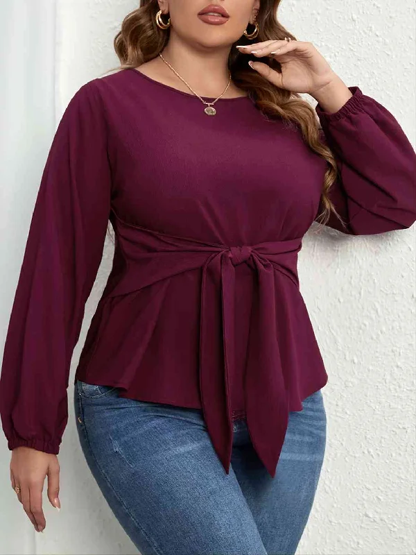 Plus Size Tie Front Long Sleeve Blouse Lightweight Linen Blouse