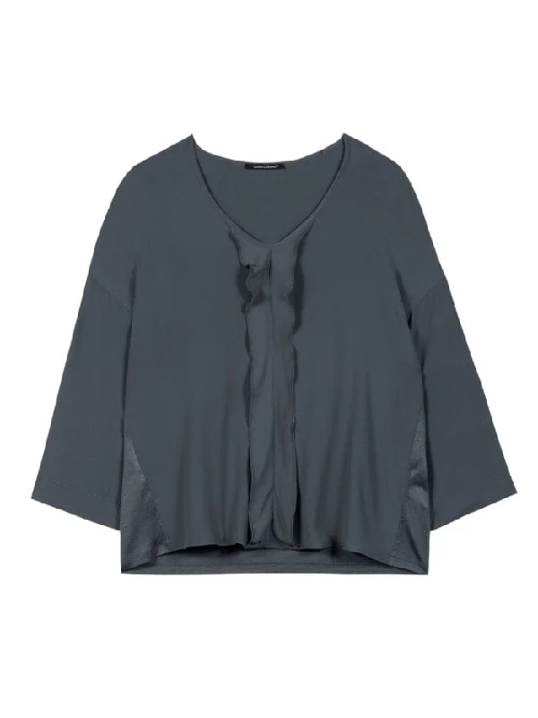 Luisa Cerano T Bluish Grey Blouse in Silk Blend 368918 7532 0179 Off-Shoulder Wrap Blouse