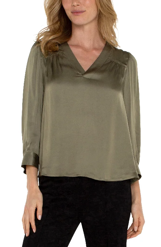 LONG SLEEVE PLEATED NECK WOVEN BLOUSE Casual Relaxed Blouse