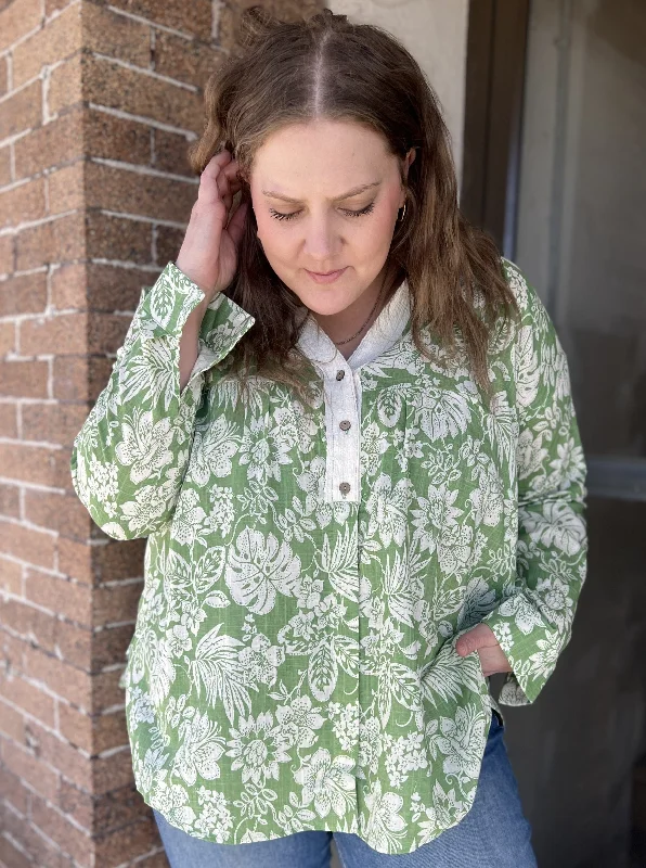 Printed Cotton V Neck Button Down Collared Long Slv Blouse Peter Pan Collar Blouse