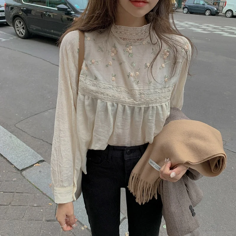 Women Lace Blouses | Stand Collar Women Lace Top | Summer Fancy Top | Women Blouse | Long Sleeve Blouses | Korea Japan Style Lace Top Shirt Bell Sleeve Blouse