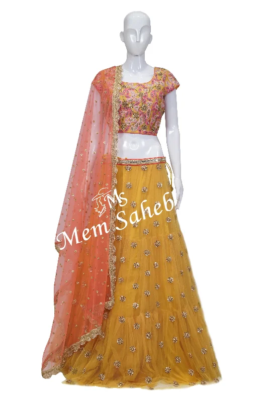 Bridal Wear Ghagra Choli Mustard Colour Silk Blouse Net Skirt and Dupatta Peter Pan Blouse