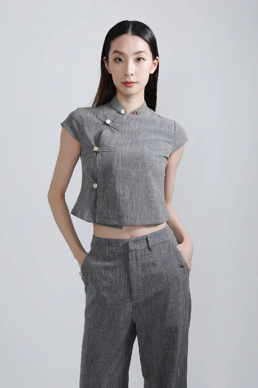 NELLA Cropped Blouse (Grey) Embroidered Cotton Blouse