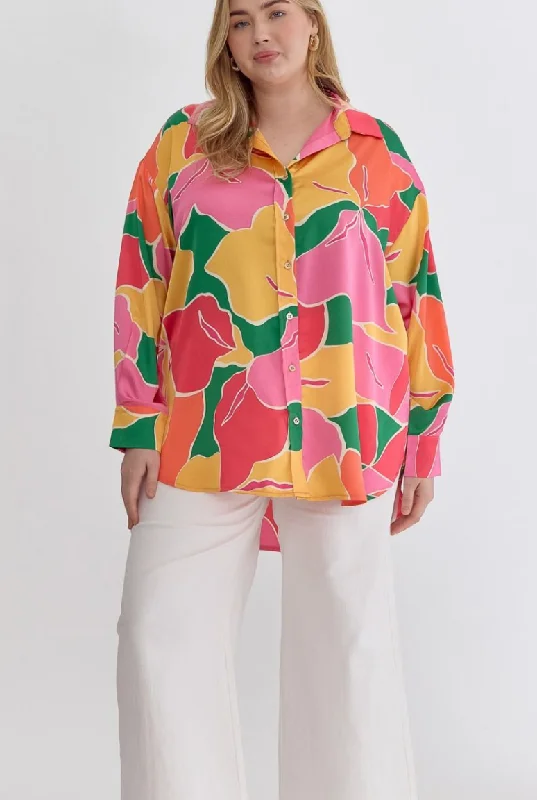 Curvy Gal Tulip Flowers Blouse- Pink/Yellow/Green Sheer Mesh Blouse