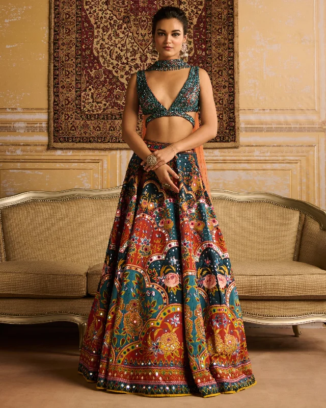 Teal Embroidered Blouse And Lehenga Set Airy Cotton Blouse