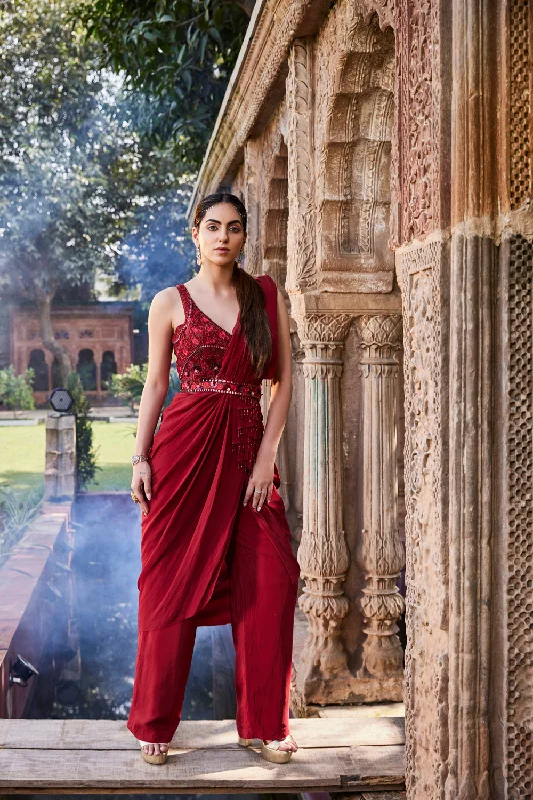 Red Pant Sari With Belt Trendy Work Pants