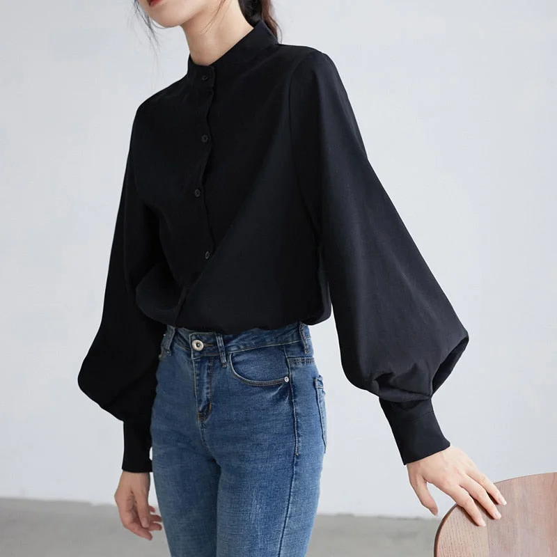 Big Lantern Sleeve Blouse Women   Single Breasted Stand Collar Shirts Office Work Blouse Vintage Blouse Shirts Playful Puff Blouse