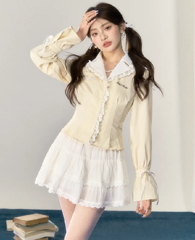 Lace collar sharp waist silhouette blouse QDQ0031 Bell Sleeve Blouse