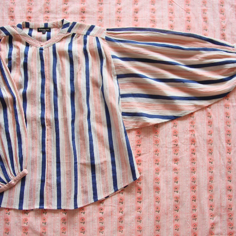 Women's Blouse in Big Stripes by Bonjour - Last One In Stock - Medium (UK 12) Sheer Sleeve Blouse