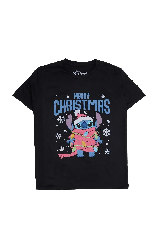 Stitch Merry Christmas Graphic Relaxed Tee Front Pockets Side Pockets Patch Pockets