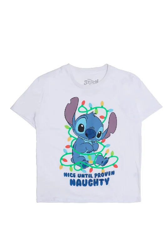 Stitch Nice Or Naughty Graphic Relaxed Tee V-Neck T-Shirt Long Sleeve Cotton