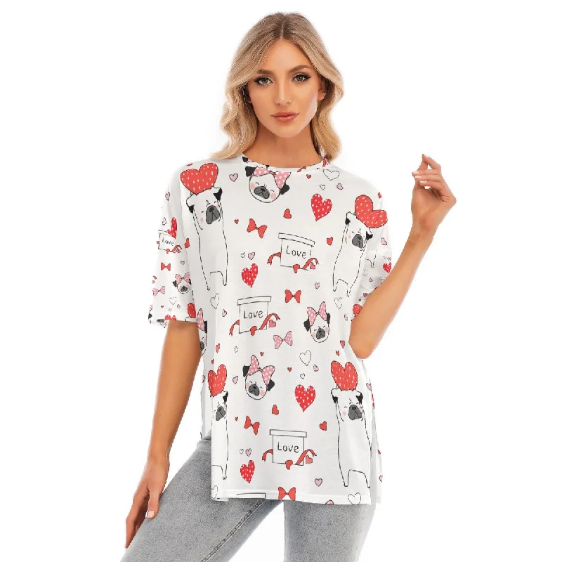 All-Over Print Women's Short Sleeves T-shirt With Hem Split Silk Blend Satin Velvet