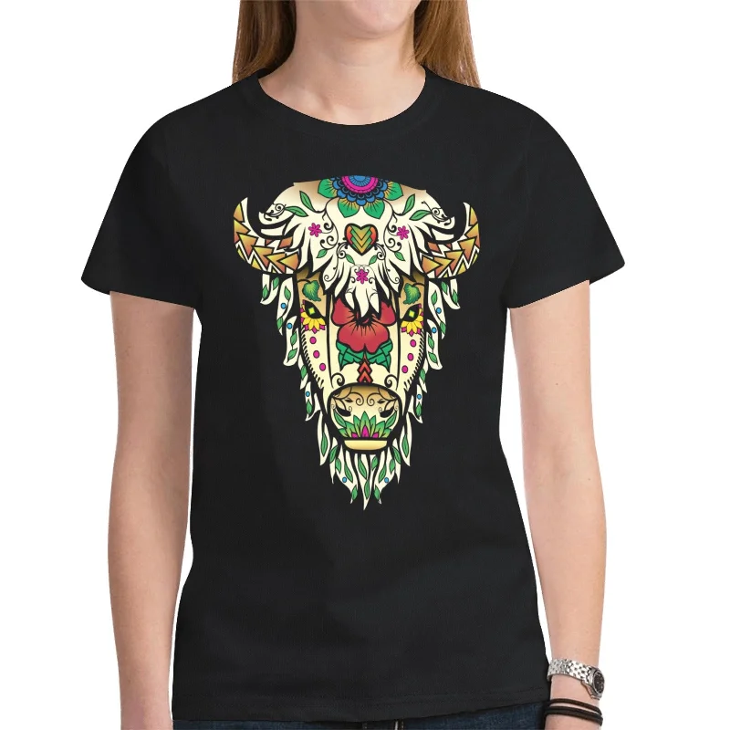 Buffalo Spirit Guide (Black) T-shirt for Women Thin T-Shirt Open Front Quick Dry