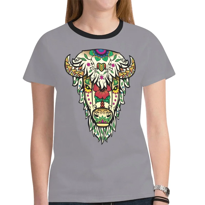 Buffalo Spirit Guide (Dark Gray) T-shirt for Women Polka Dot Checkered Tartan