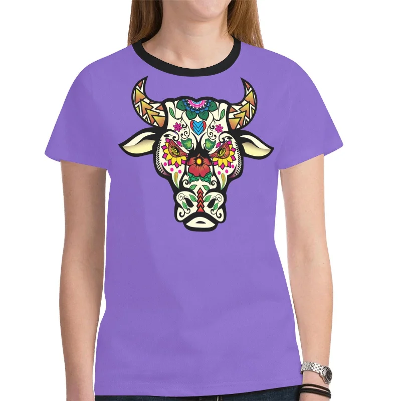 Bull Spirit Guide (Purple) T-shirt for Women Satin Fabric Silk Fabric Chiffon Fabric