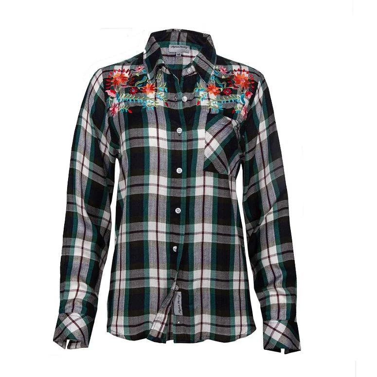 Women's Long Sleeves, Button Down, Rayon Plaid Shirt with a Floral Embroidery. Black/White. Style #8468 Striped Floral Plaid