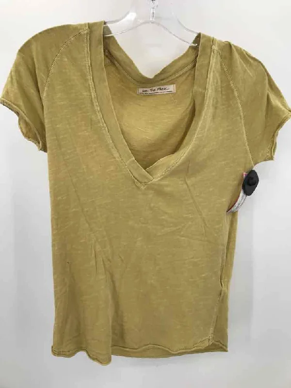 Pre-Owned Free People Yellow Size XS V Neck T-shirt Solid Print Embellished