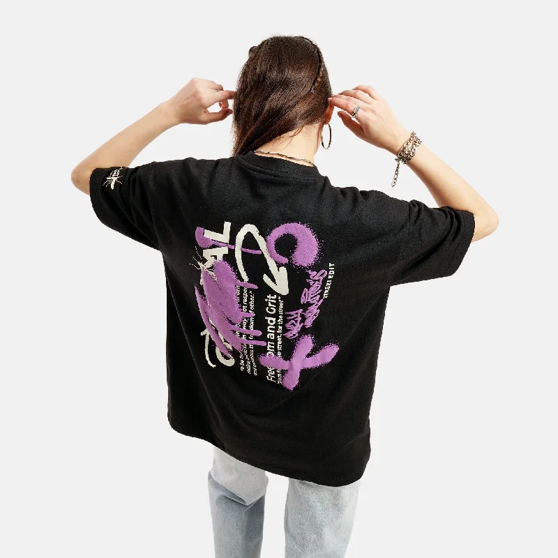 Graffiti Print Drop Shoulder Terry T-Shirt in Black - Womens Graphic T-Shirt Round Neck Polyester