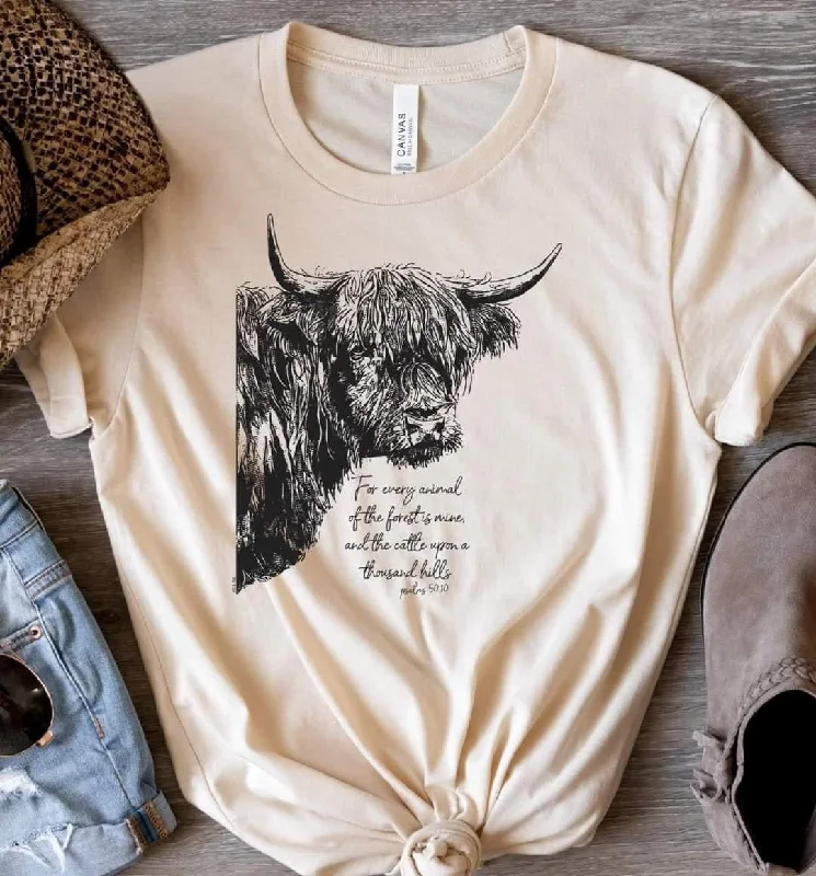 Highland Cow with Psalms Verse Tee Front Pockets Side Pockets Patch Pockets