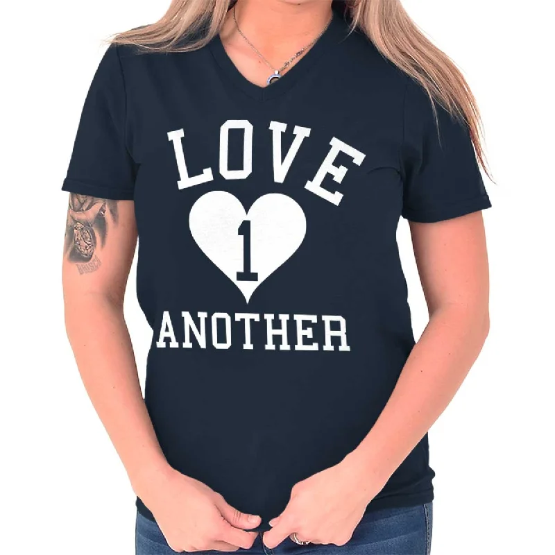 Love One Another Printed Adult V-Neck T-Shirt Spandex Blend Rayon Blend Denim Blend