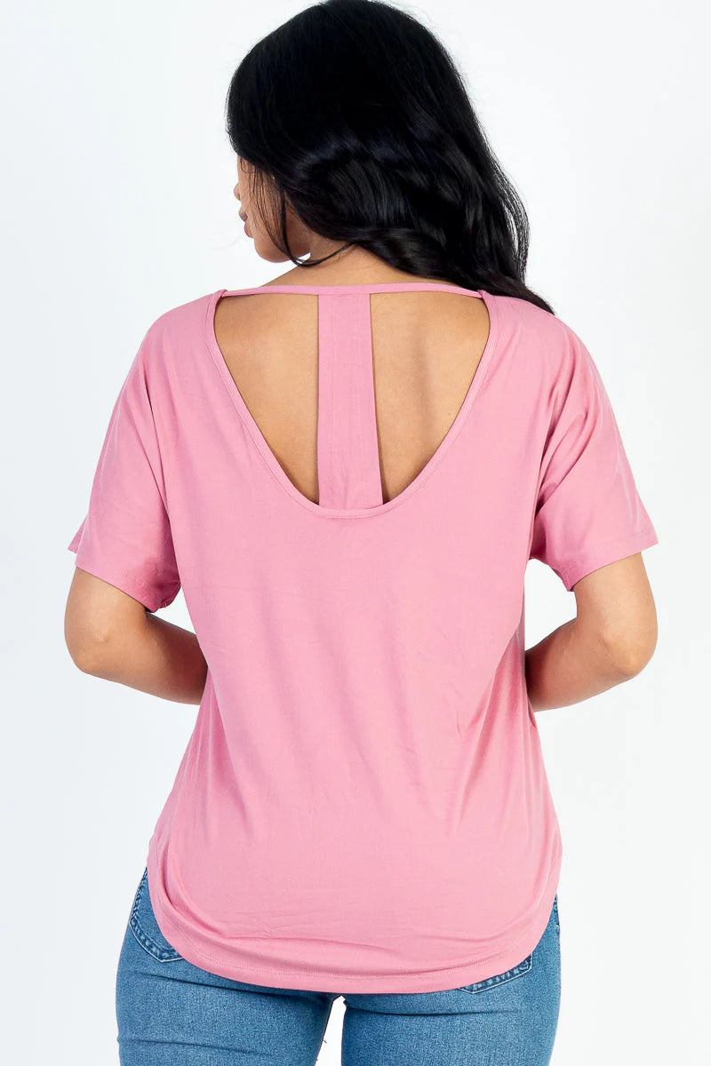 Mauve Buttery Cut out back tee Basic T-Shirt Crew Neck Short Sleeve