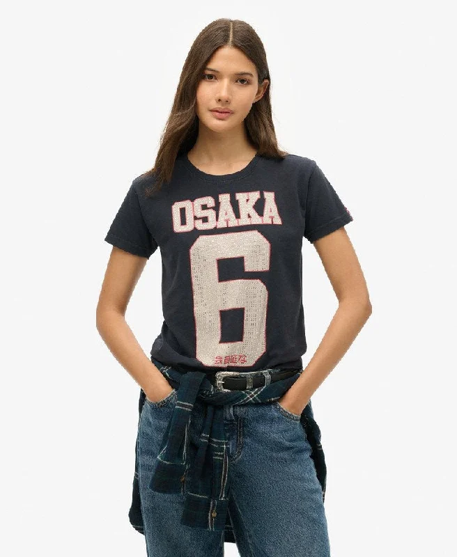 Osaka 6 Embellished 90s T-Shirt | Eclipse Navy Embroidered Appliqued Beaded