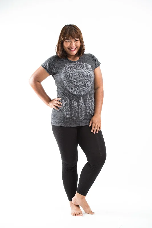 Plus Size Womens Dreamcatcher T-Shirt in Silver on Black Fitted T-Shirt Seamless Stretchy