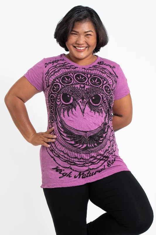 Plus Size Womens Weed Owl T-Shirt in Pink Welt Pockets Slit Pockets