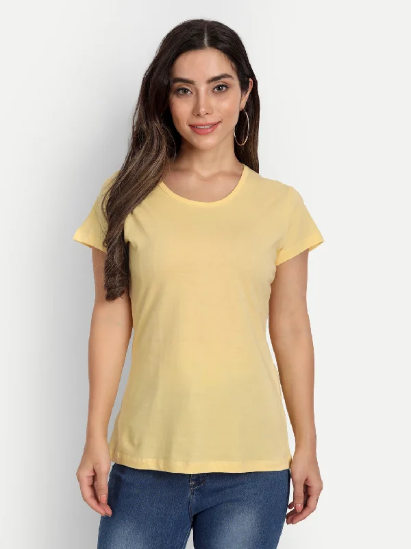 T.T. Women Yellow Solid Round Neck Pure Cotton T-shirt Chenille Brocade Lace