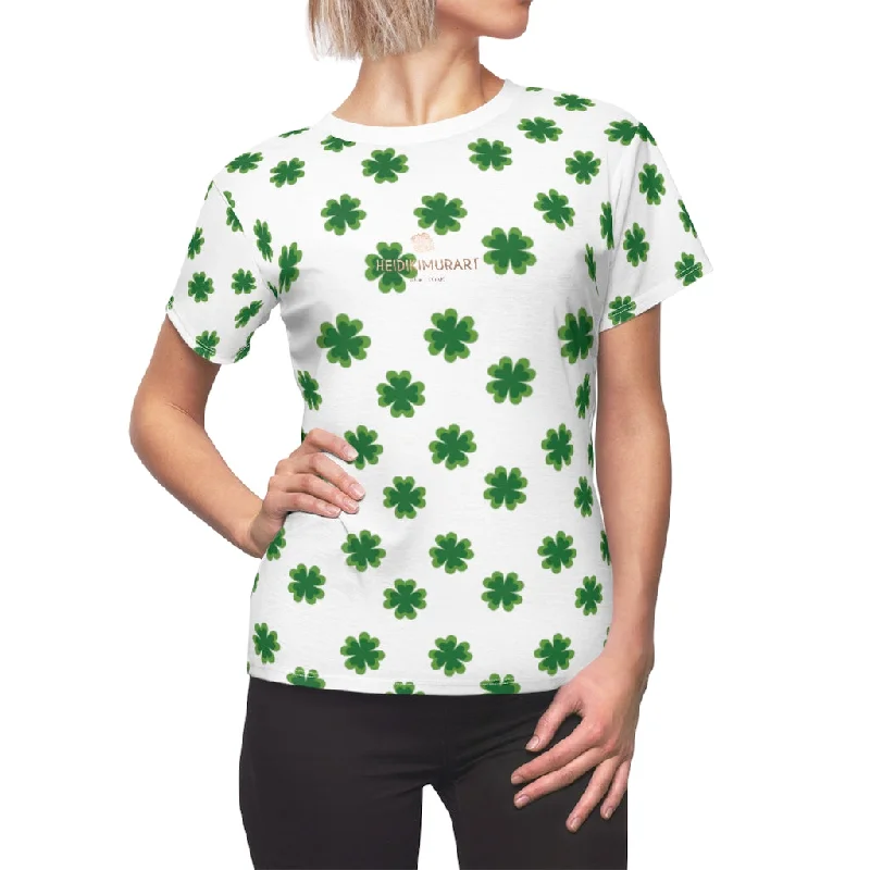 White Green Clover Print St. Patrick's Day Women's Short Sleeves Crewneck Tee- Made in USA Mesh Canvas Denim