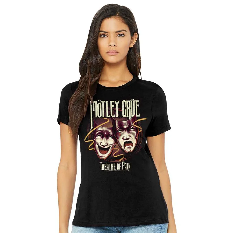 Women Exclusive MOTLEY CRUE Eye-Catching T-Shirt, Theatre Of Pain Mesh Canvas Denim