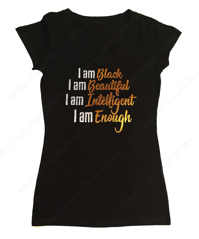 Womens T-shirt with I am Black I am Beautiful in Foil Print Collared T-Shirt Boat Neck A-Line