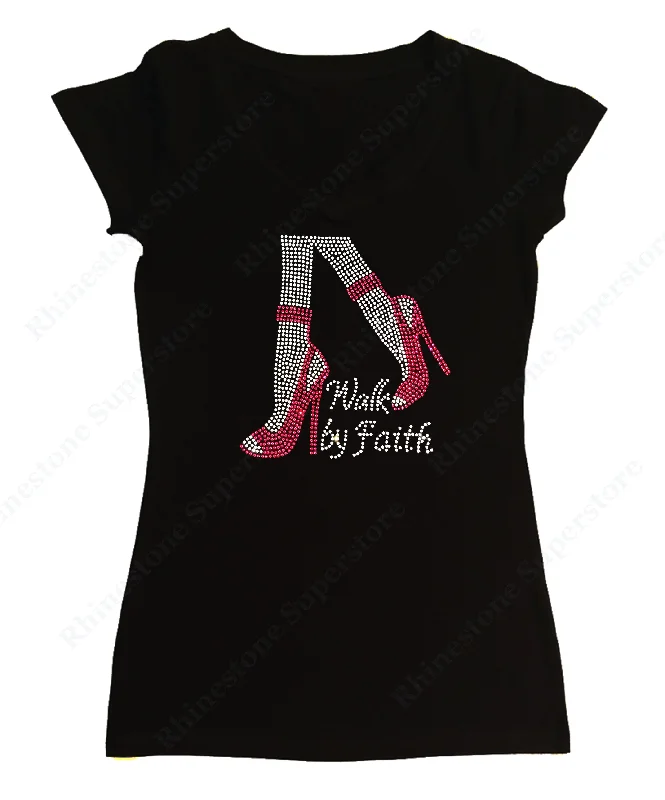 Womens T-shirt with Pink Walk by Faith in Rhinestones Satin Blend Silk Blend Wool Blend