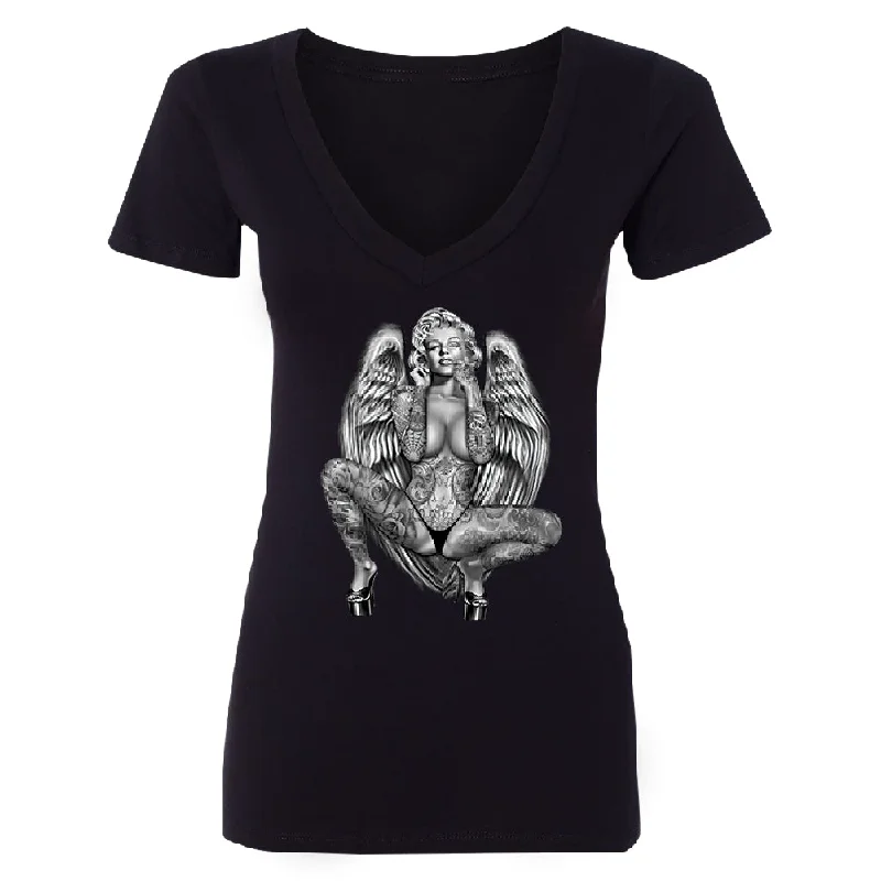 Zexpa Apparel™ Marilyn Monroe Pole Dancer Tattoo Women's Deep V-neck Souvenir Tee Mesh Blend Leather Blend Suede Blend