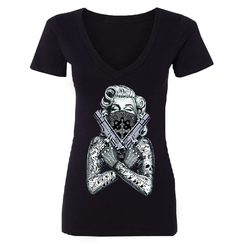 Zexpa Apparel™ Marilyn Monroe Black Bandana Cross Women's Deep V-neck Souvenir Tee Mesh Fabric Canvas Fabric Denim Fabric