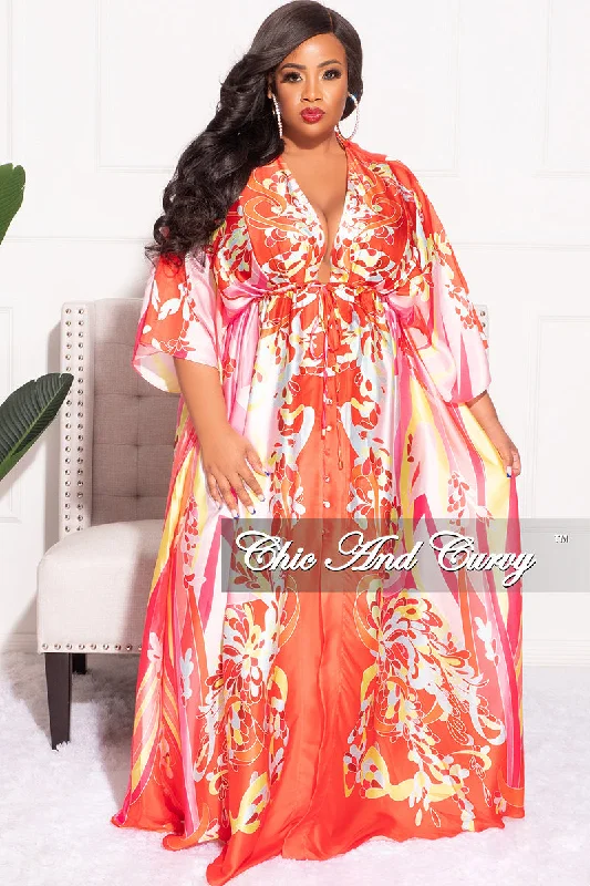 Final Sale Plus Size Satin Button Up Maxi Dress in Red Pink and Neon Yellow Design Print Elegant Maxi Dress with Slit