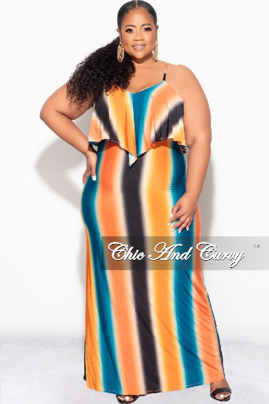 Final Sale Plus Size Maxi Dress with Spaghetti Straps & Overlay Ruffle in Orange, Black & Teal Vertical Stripes Cozy Spaghetti Strap Maxi Dress