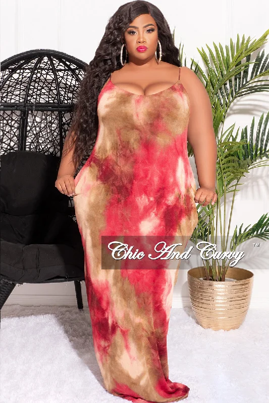 Final Sale Plus Size Spaghetti Strap Maxi Dress in Red and Brown Tie Dye Elegant Maxi Dress with Lace