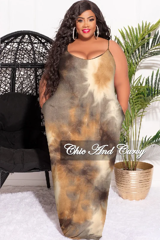 Final Sale Plus Size Spaghetti Strap Maxi Dress Brown Tie Dye Elegant Maxi Dress with Ruffles