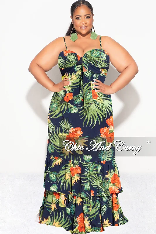 Final Sale Plus Size Tank Maxi Dress in Chiffon in Navy, Green & Orange Print Summer Stylish Button-Up Maxi Dress